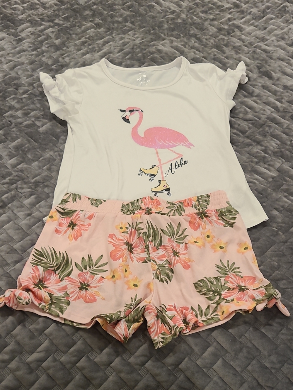 Girls White Flamingo Graphic Top with Pink Floral Shorts Matching Set